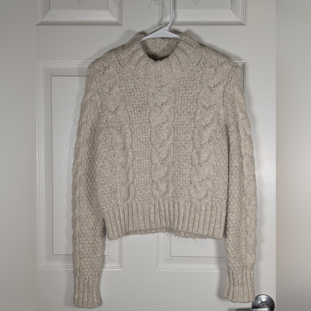 American Eagle Cable Knit Mock Neck Sweater | Beige Chunky Knit Cropped Pullover